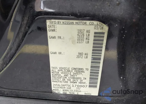 2016 Nissan Altima 2.5/2.5 S/2.5 Sl/2.5 Sr/2.5 Sv z USA, uszkodzony, nr VIN 1N4AL3AP7GC170007